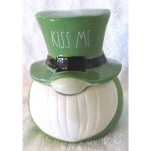 Rae Dunn St Patricks Day Gnome Kiss Me Ceramic Candle Jar Irish Spring 6in x 5in